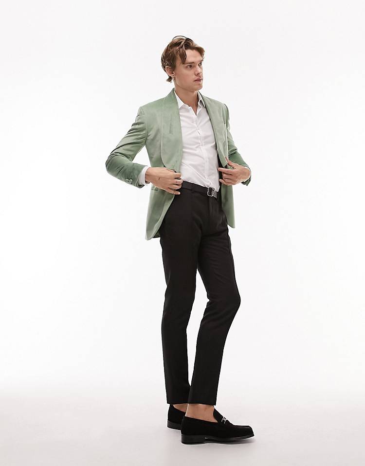 Topman single breasted skinny shawl collar velvet blazer in green